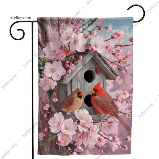 Vibrant Red Cardinals on Birdhouse with Pink Flowers Outdoor Yard Decoration