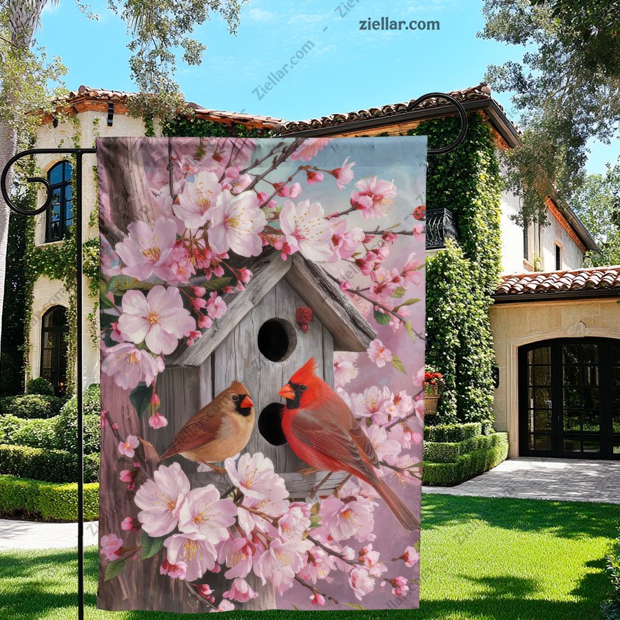 Vibrant Red Cardinals on Birdhouse with Pink Flowers Outdoor Yard Decoration