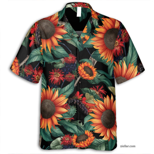 Vibrant Sunflower Hawaiian Shirt and Tee, Beach Floral Shirt for Women Men