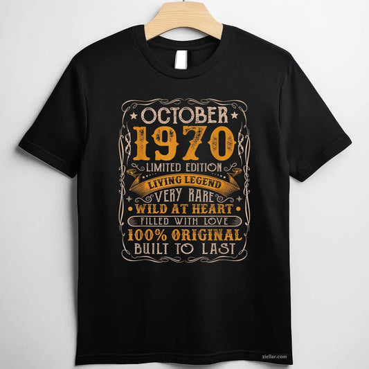 Vintage Born In October 1970 Retro Birthday Party Bday T-Shirt and Tee for Adults Men Women Unisex
