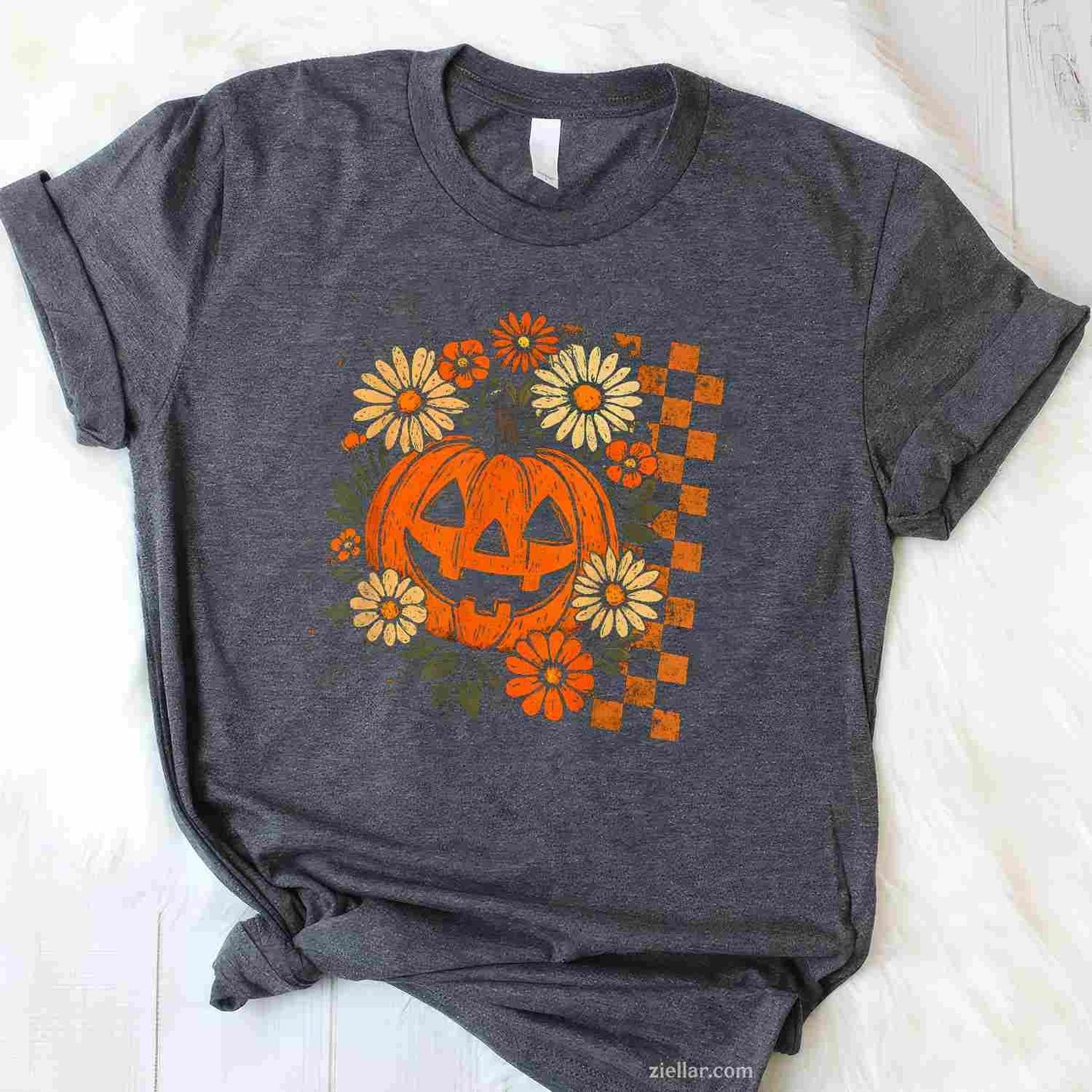Vintage Floral Pumpkin Halloween Retro Jack O Lanter Face Tee, Halloween T-Shirt for Men Women Adults Unisex, Cool Casual Street Style, Premium Quality