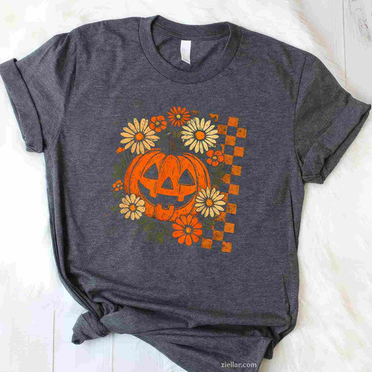 Vintage Floral Pumpkin Halloween Retro Jack O Lanter Face Tee, Halloween T-Shirt for Men Women Adults Unisex, Cool Casual Street Style, Premium Quality