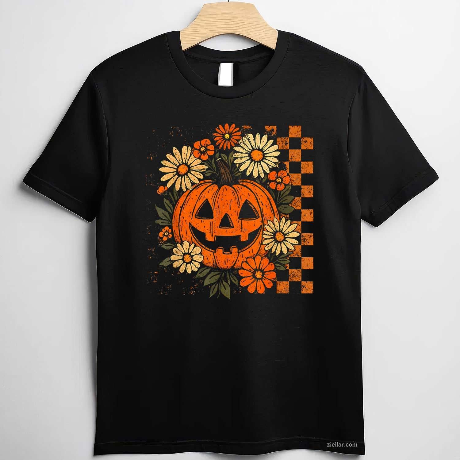 Vintage Floral Pumpkin Halloween Retro Jack O Lanter Face Tee, Halloween T-Shirt for Men Women Adults Unisex, Cool Casual Street Style, Premium Quality
