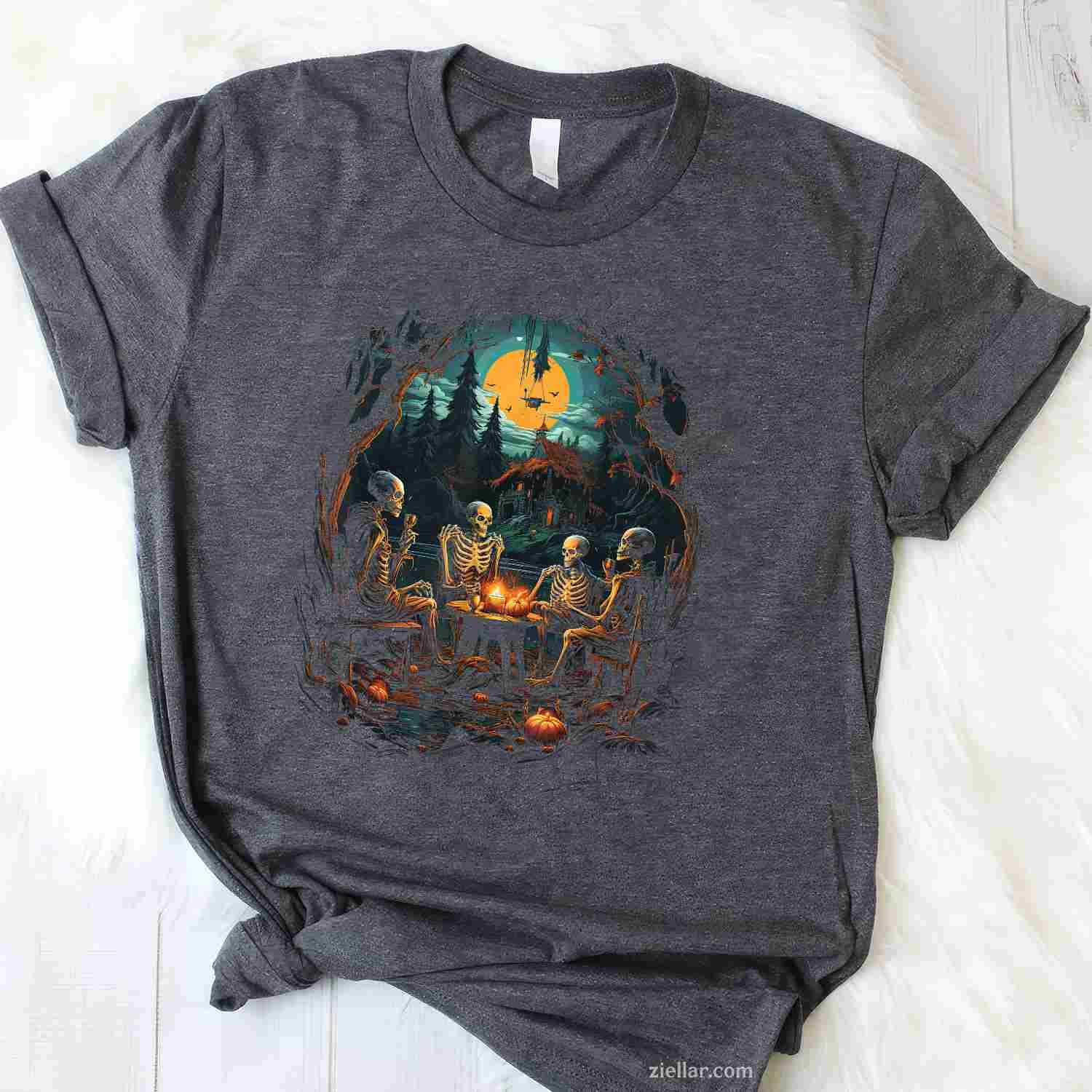 Vintage Ghost and Skeleton by Fire Camping Gothic Halloween Tee, Halloween T-Shirt for Men Women Adults Unisex, Vintage Retro Graphic, Funny Novelty Gift