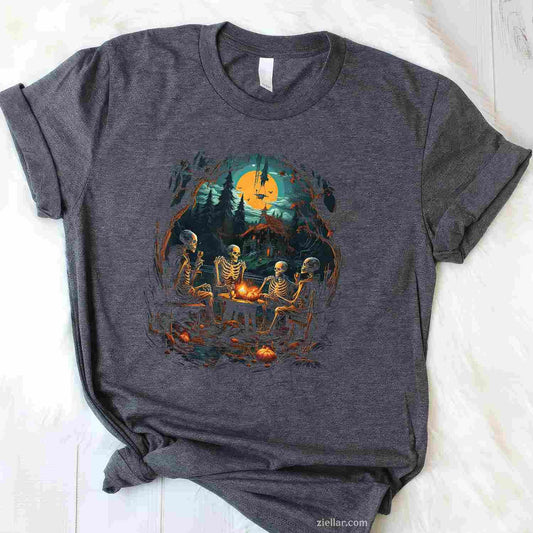 Vintage Ghost and Skeleton by Fire Camping Gothic Halloween Tee, Halloween T-Shirt for Men Women Adults Unisex, Vintage Retro Graphic, Funny Novelty Gift
