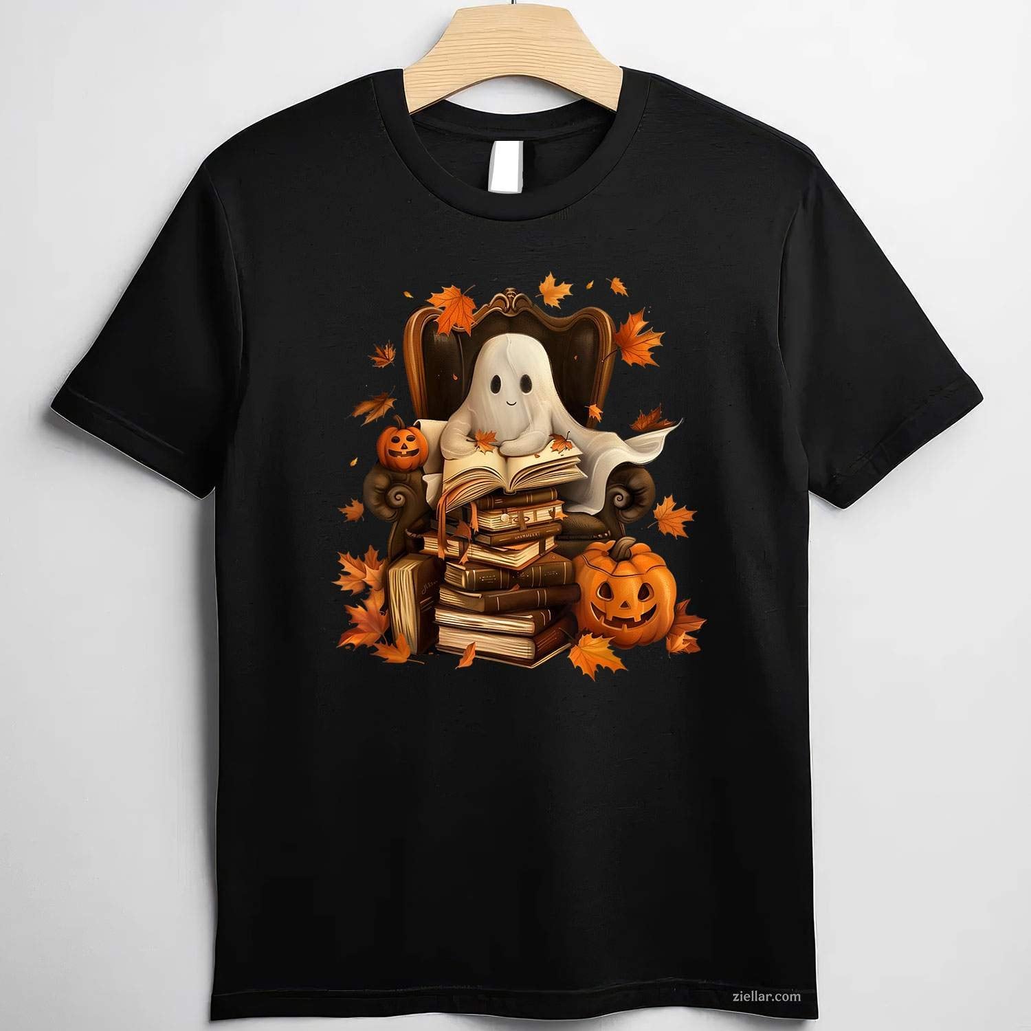 Vintage Ghost Book Reading Pumpkin Gothic Halloween Teachers Tee, Halloween T-Shirt for Men Women Adults Unisex, Bold Statement Graphic, Party Outfit Favorite
