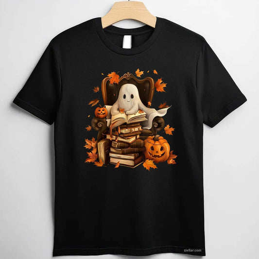 Vintage Ghost Book Reading Pumpkin Gothic Halloween Teachers Tee, Halloween T-Shirt for Men Women Adults Unisex, Bold Statement Graphic, Party Outfit Favorite