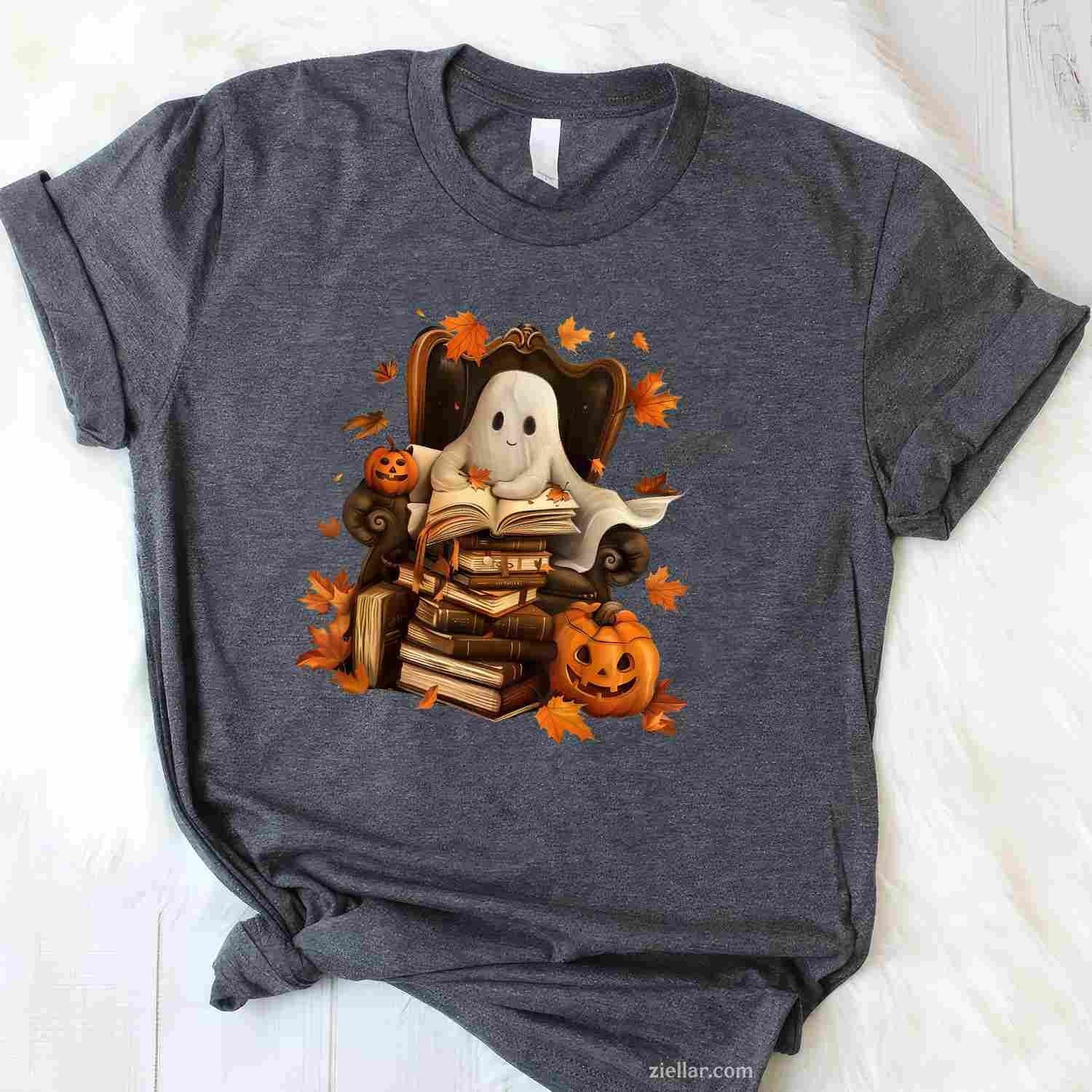Vintage Ghost Book Reading Pumpkin Gothic Halloween Teachers Tee, Halloween T-Shirt for Men Women Adults Unisex, Bold Statement Graphic, Party Outfit Favorite