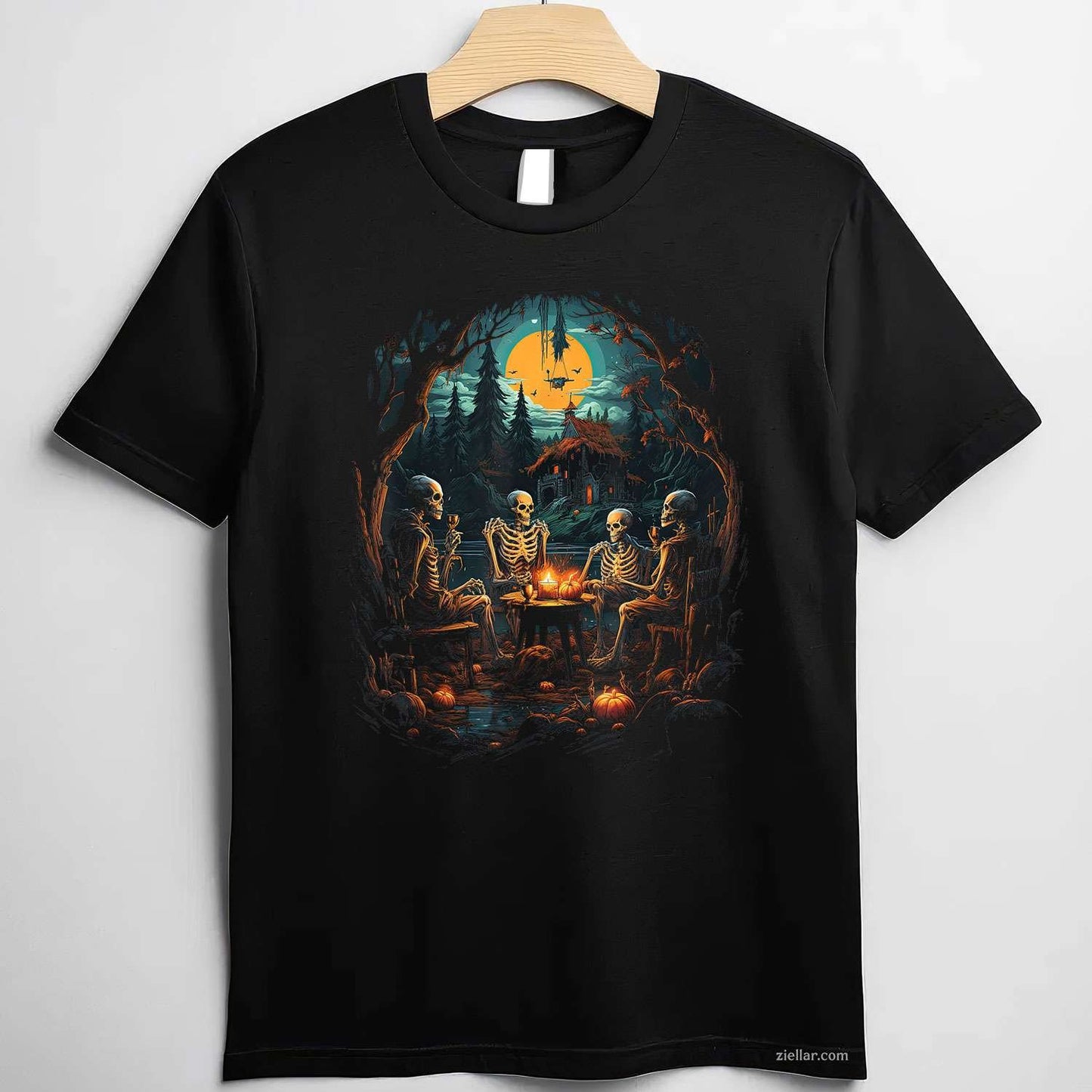 Vintage Ghost and Skeleton by Fire Camping Gothic Halloween Tee, Halloween T-Shirt for Men Women Adults Unisex, Vintage Retro Graphic, Funny Novelty Gift