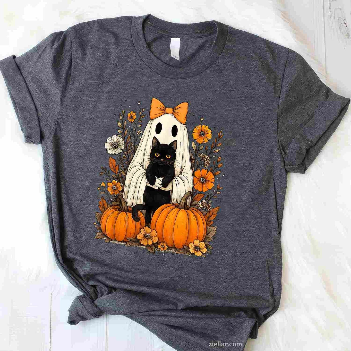 Vintage Halloween Ghost Holding Black Cat Groovy Floral Tee, Halloween T-Shirt for Men Women Adults Unisex, Aesthetic Streetwear Top, Soft Cotton Premium Print