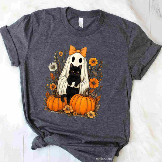 Vintage Halloween Ghost Holding Black Cat Groovy Floral Tee, Halloween T-Shirt for Men Women Adults Unisex, Aesthetic Streetwear Top, Soft Cotton Premium Print