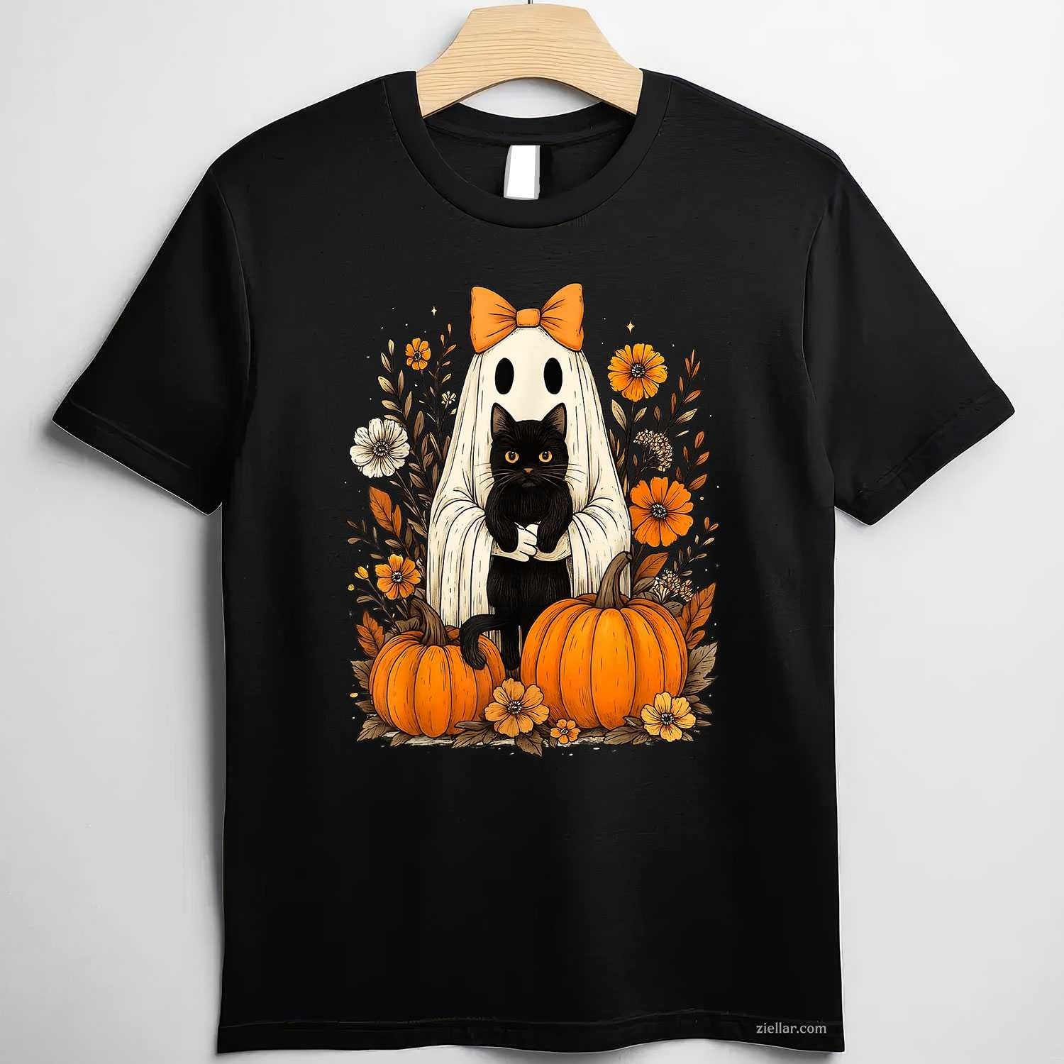 Vintage Halloween Ghost Holding Black Cat Groovy Floral Tee, Halloween T-Shirt for Men Women Adults Unisex, Aesthetic Streetwear Top, Soft Cotton Premium Print