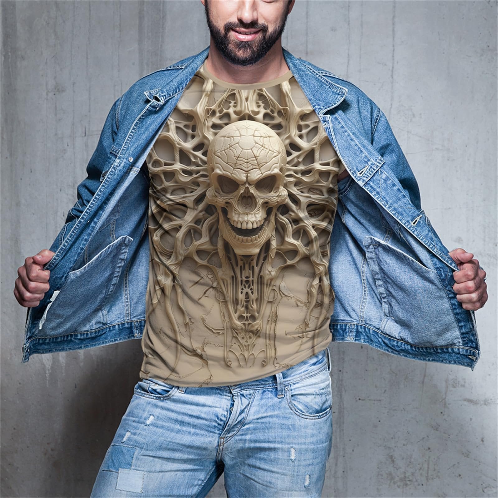 Vintage Skull Skeleton Graphic Tee for Men, Funny 3D T-Shirt with Novelty Print and Short Sleeves