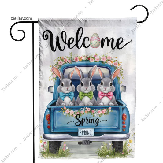 Welcome Bunnies in Blue Truck Easter Spring Garden Flag Home Yard Decoration