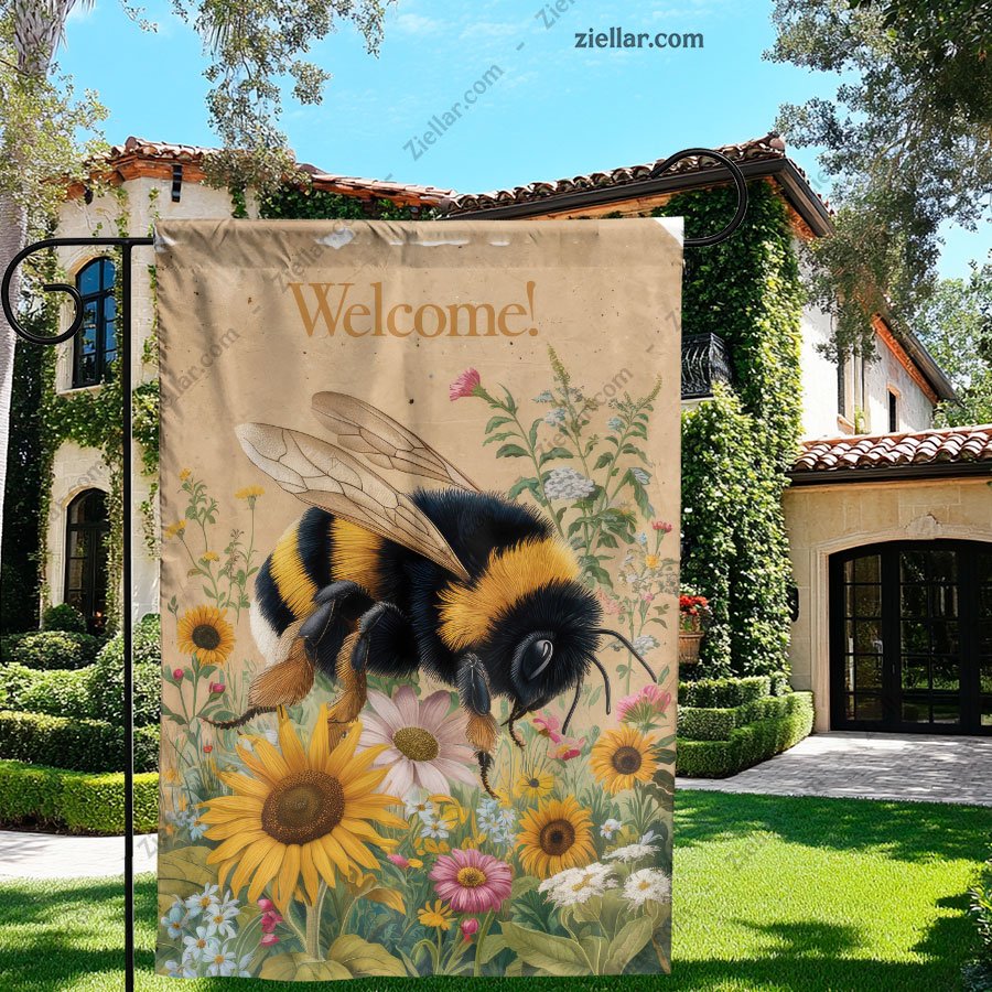 Welcome Bumblebee with Colorful Flowers Spring Garden Decor for Home or Yard