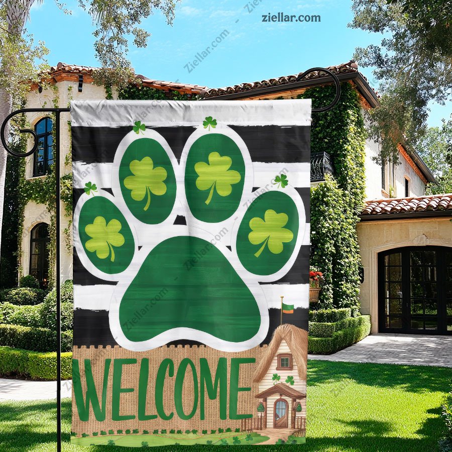 Welcome Dog Paw Garden Flag for St. Patrick's Day _ Shamrock Outdoor Decor