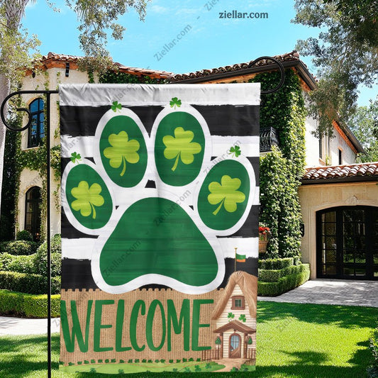 Welcome Dog Paw Garden Flag for St. Patrick's Day _ Shamrock Outdoor Decor