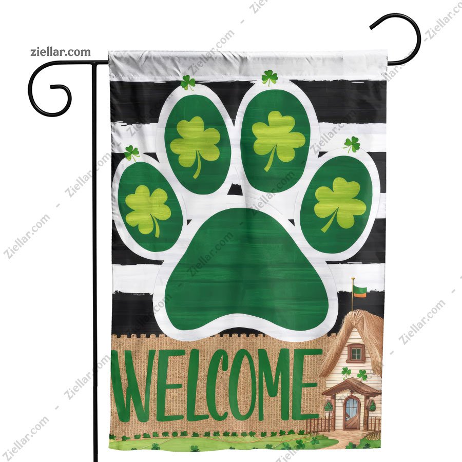Welcome Dog Paw Garden Flag for St. Patrick's Day _ Shamrock Outdoor Decor