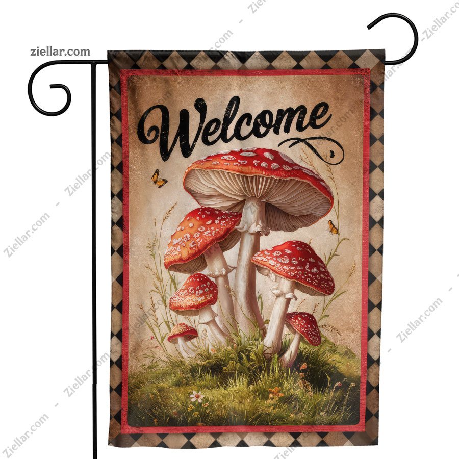 Welcome Mushroom Garden Flag 12x18 Inch Double Sided Burlap Outdoor Yard Decor