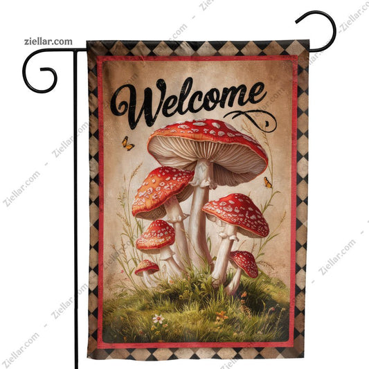 Welcome Mushroom Garden Flag 12x18 Inch Double Sided Burlap Outdoor Yard Decor