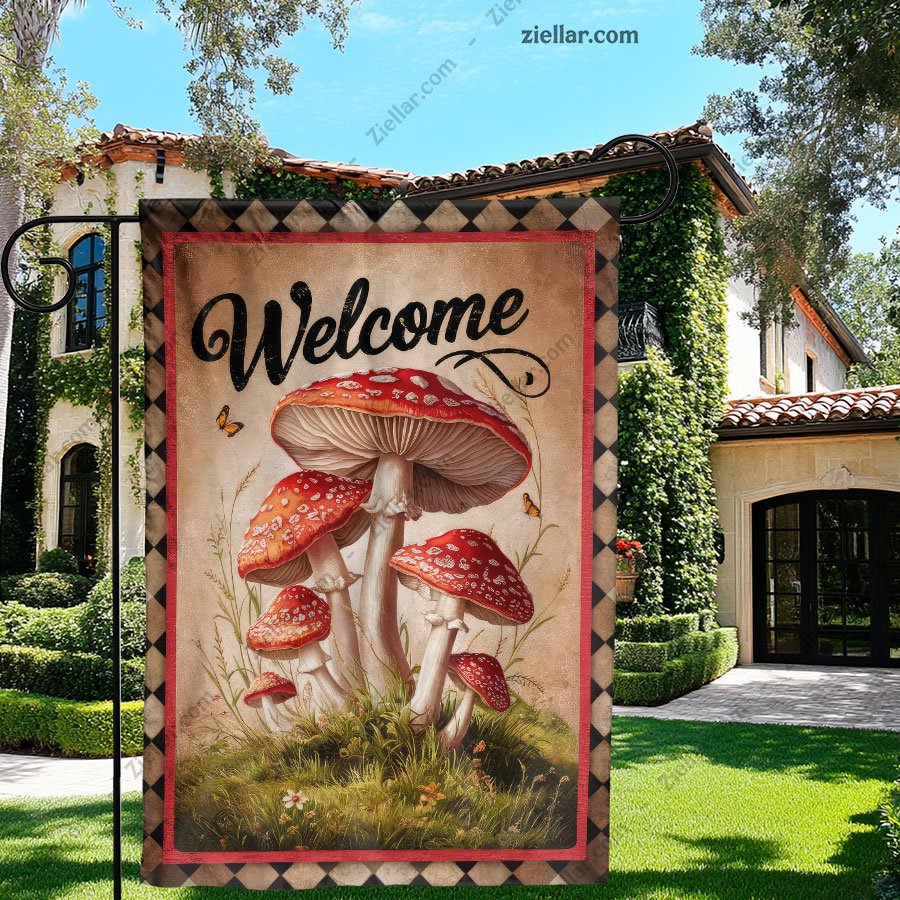 Welcome Mushroom Garden Flag 12x18 Inch Double Sided Burlap Outdoor Yard Decor