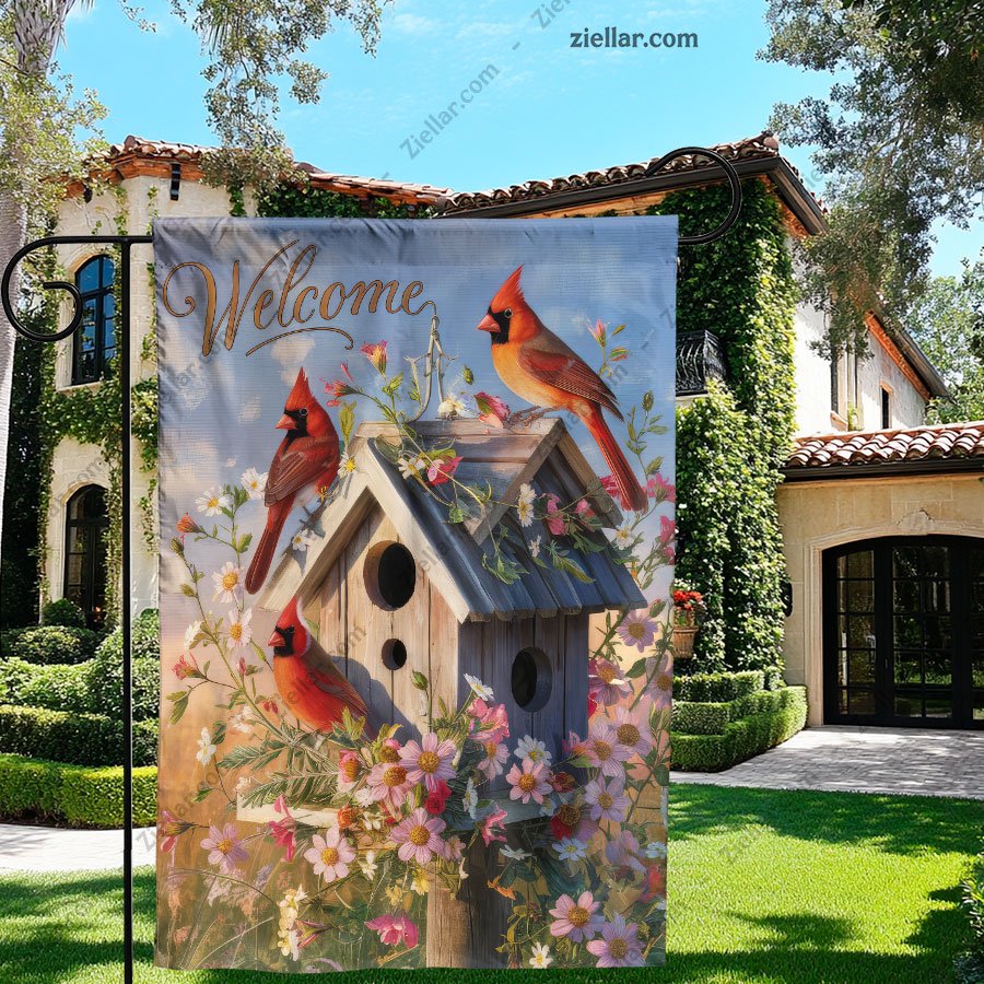 Welcome Spring Cardinal Garden Flag 12x18 Inch Double Sided Burlap Yard Decor