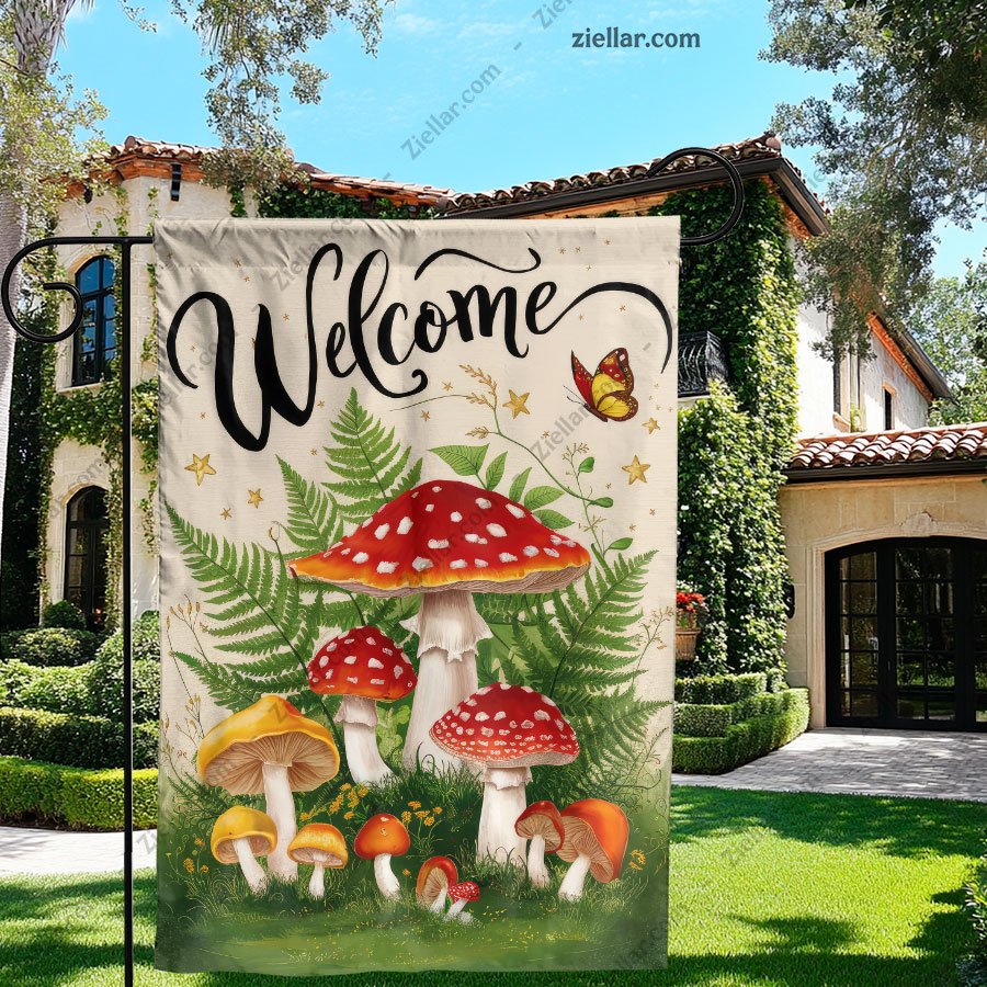Welcome Spring Garden Flag 12x18 Inch Double Sided Mushroom Yard Outdoor Decor