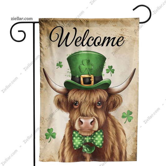 Welcome St Patricks Day Flag 12x18 Inch, Irish Highland Cow Outdoor Decor