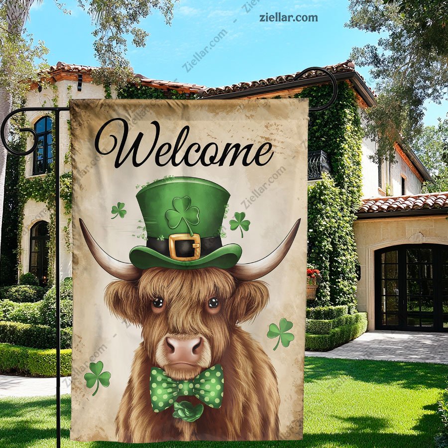 Welcome St Patricks Day Flag 12x18 Inch, Irish Highland Cow Outdoor Decor
