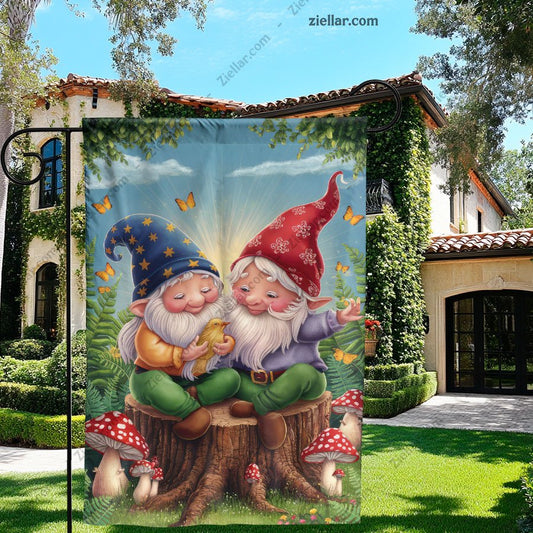 Whimsical Gnomes with Mushrooms and Birds Enchanted Forest Garden Decor