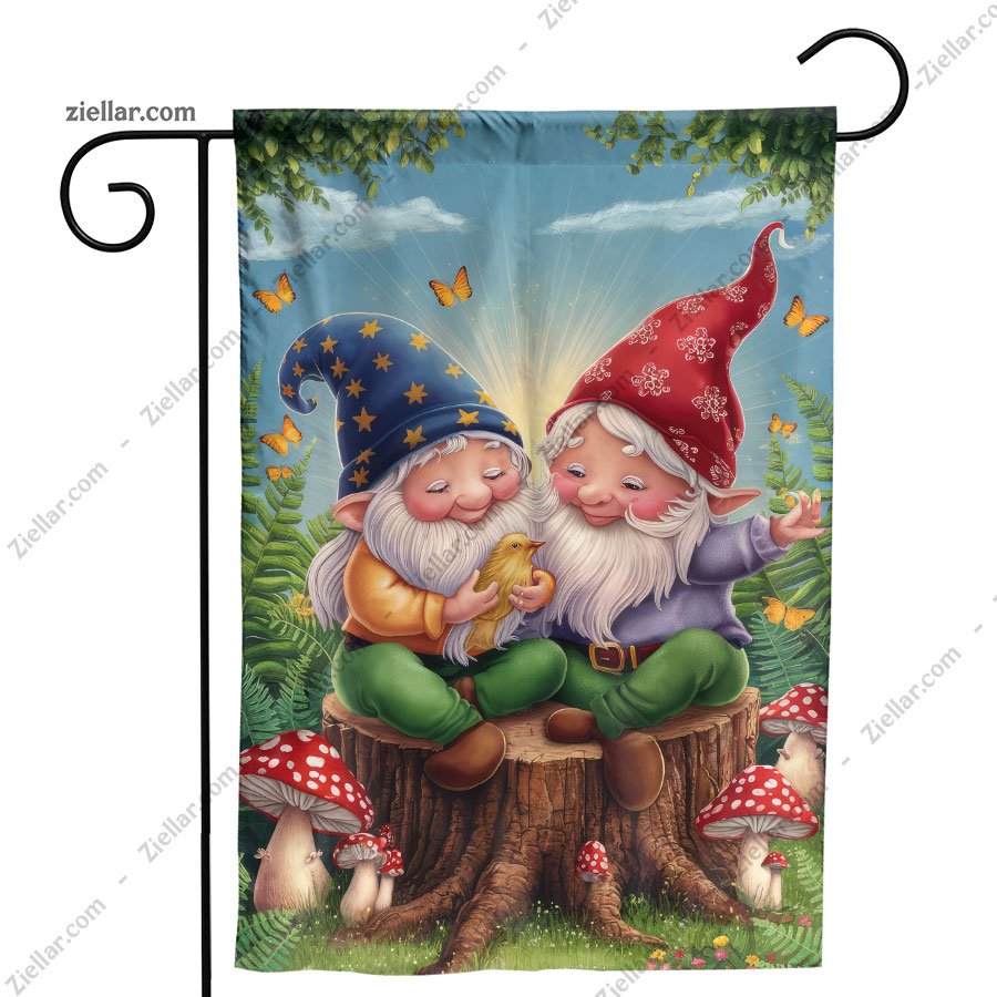 Whimsical Gnomes with Mushrooms and Birds Enchanted Forest Garden Decor
