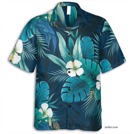 White Hibiscus and Blue Tropical Leaf Hawaiian Shirts Seamless Pattern Gifts – Essential Beach Outfit 2025