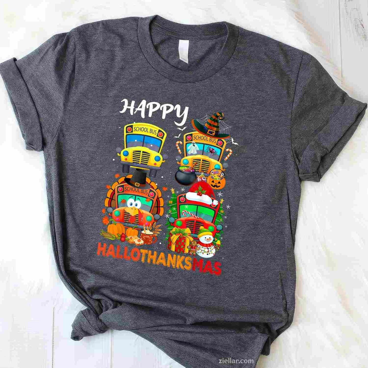 Witch Turkey Santa School Buses Happy HalloThanksMas Boys Funny Graphic Tee and T-Shirt Gift for Adults Men Women Unisex