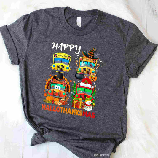 Witch Turkey Santa School Buses Happy HalloThanksMas Boys Funny Graphic Tee and T-Shirt Gift for Adults Men Women Unisex