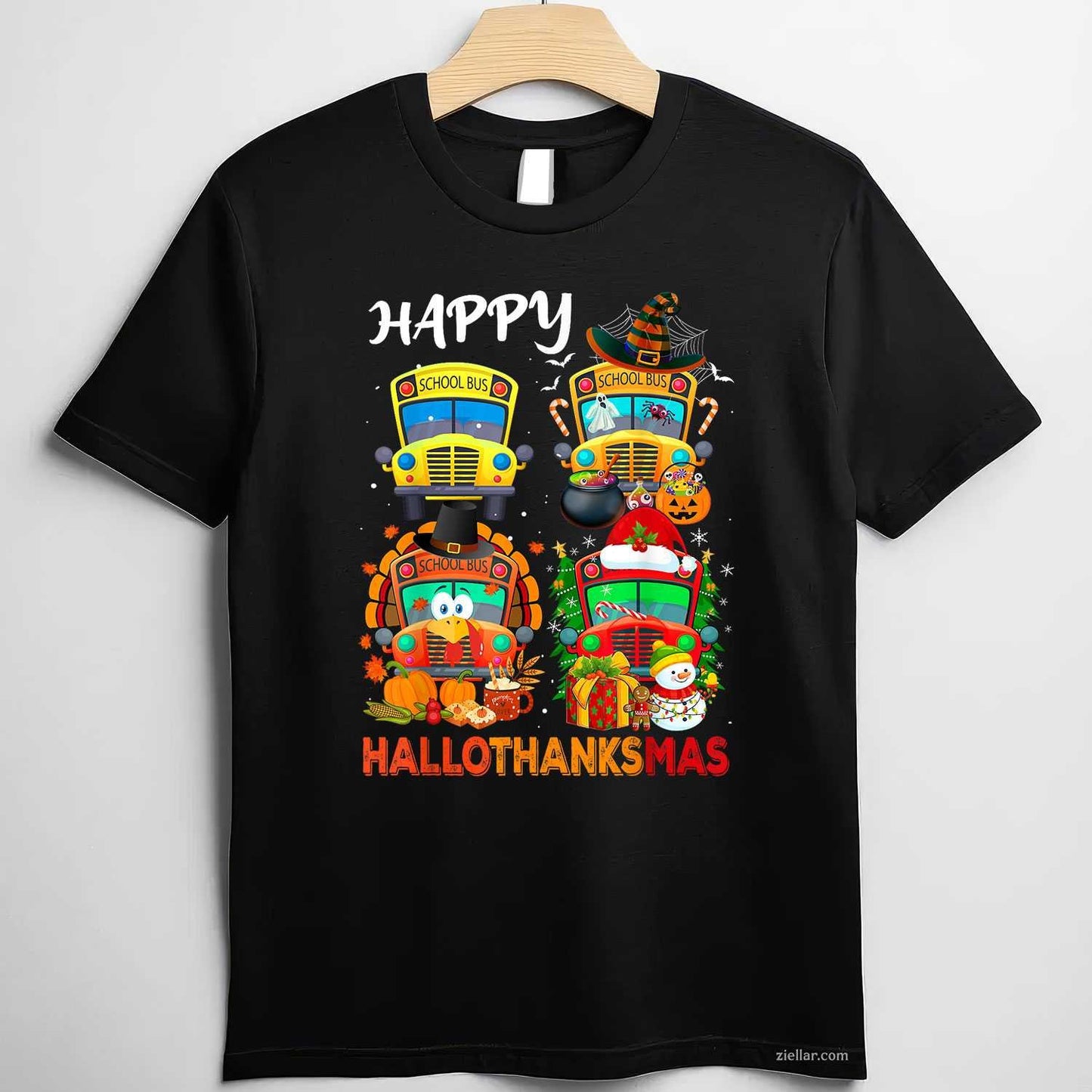 Witch Turkey Santa School Buses Happy HalloThanksMas Boys Funny Graphic Tee and T-Shirt Gift for Adults Men Women Unisex