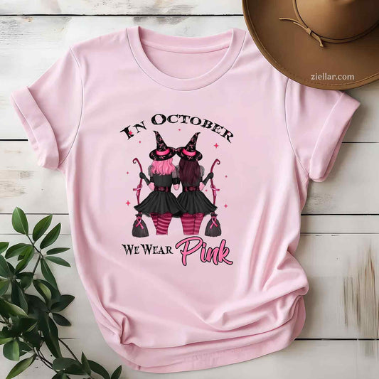 Witches In October We Wear Pink Autumn Case Breast Cancer Funny Graphic Tee and T-Shirt Gift for Adults Men Women Unisex