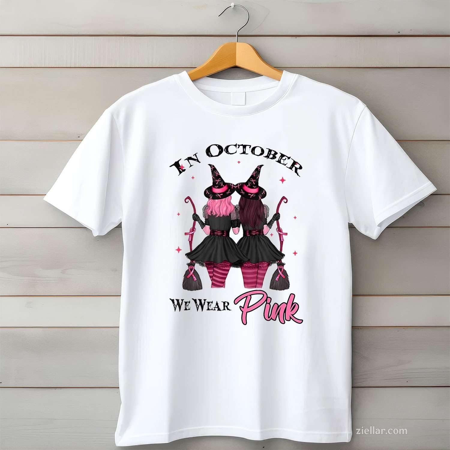 Witches In October We Wear Pink Autumn Case Breast Cancer Funny Graphic Tee and T-Shirt Gift for Adults Men Women Unisex