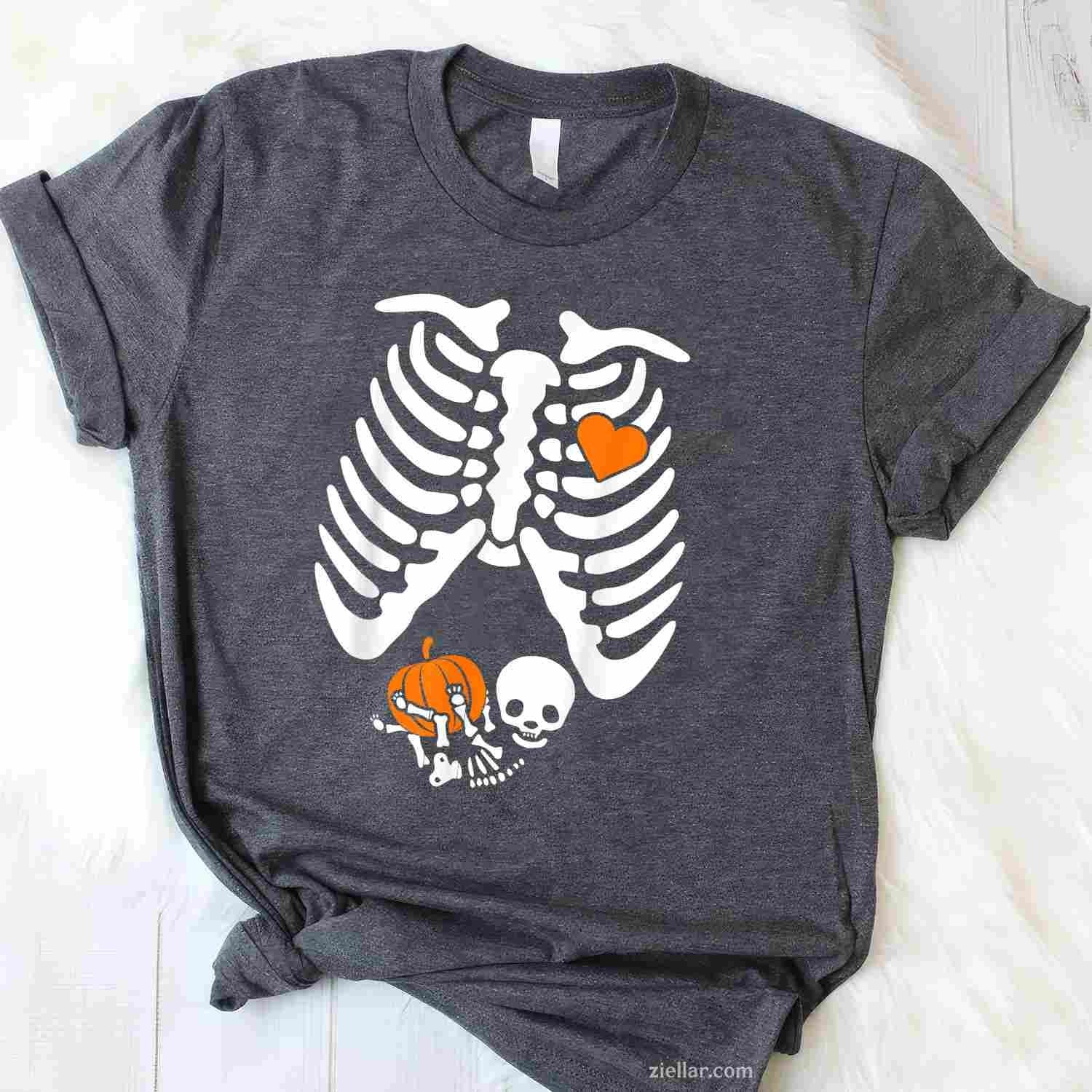 Women Skeleton Pregnancy Announcement Mom Halloween Tee, Halloween T-Shirt for Men Women Adults Unisex, Trendy Graphic Apparel, Unique Gift Idea