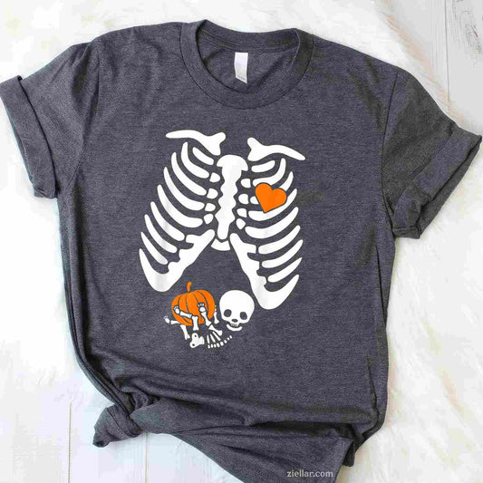 Women Skeleton Pregnancy Announcement Mom Halloween Tee, Halloween T-Shirt for Men Women Adults Unisex, Trendy Graphic Apparel, Unique Gift Idea