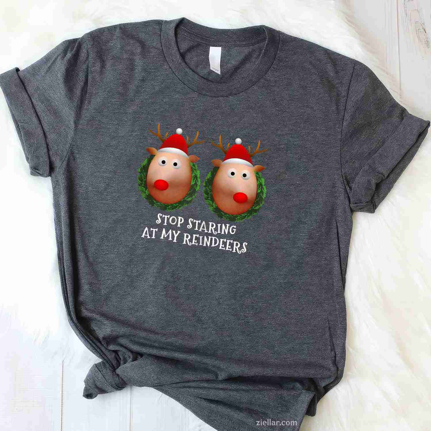Womens Stop Staring At My Reindeers Boobs Ugly Gag Xmas Sweater T-Shirt_ Funny Gag Gift Tee For Women