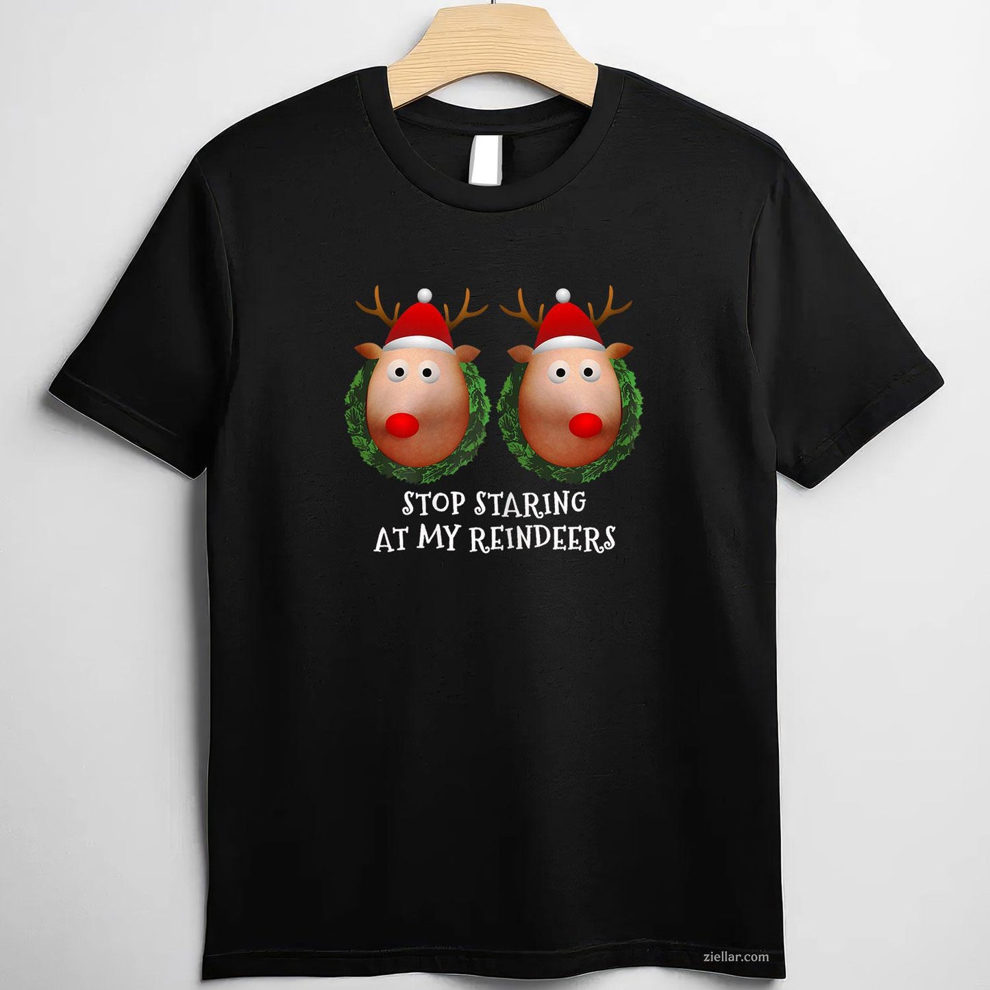 Womens Stop Staring At My Reindeers Boobs Ugly Gag Xmas Sweater T-Shirt_ Funny Gag Gift Tee For Women