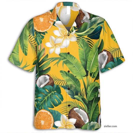 Yellow Citrus Coconut Hawaiian Shirt and Tee, Aloha Beach Vacation Wear
