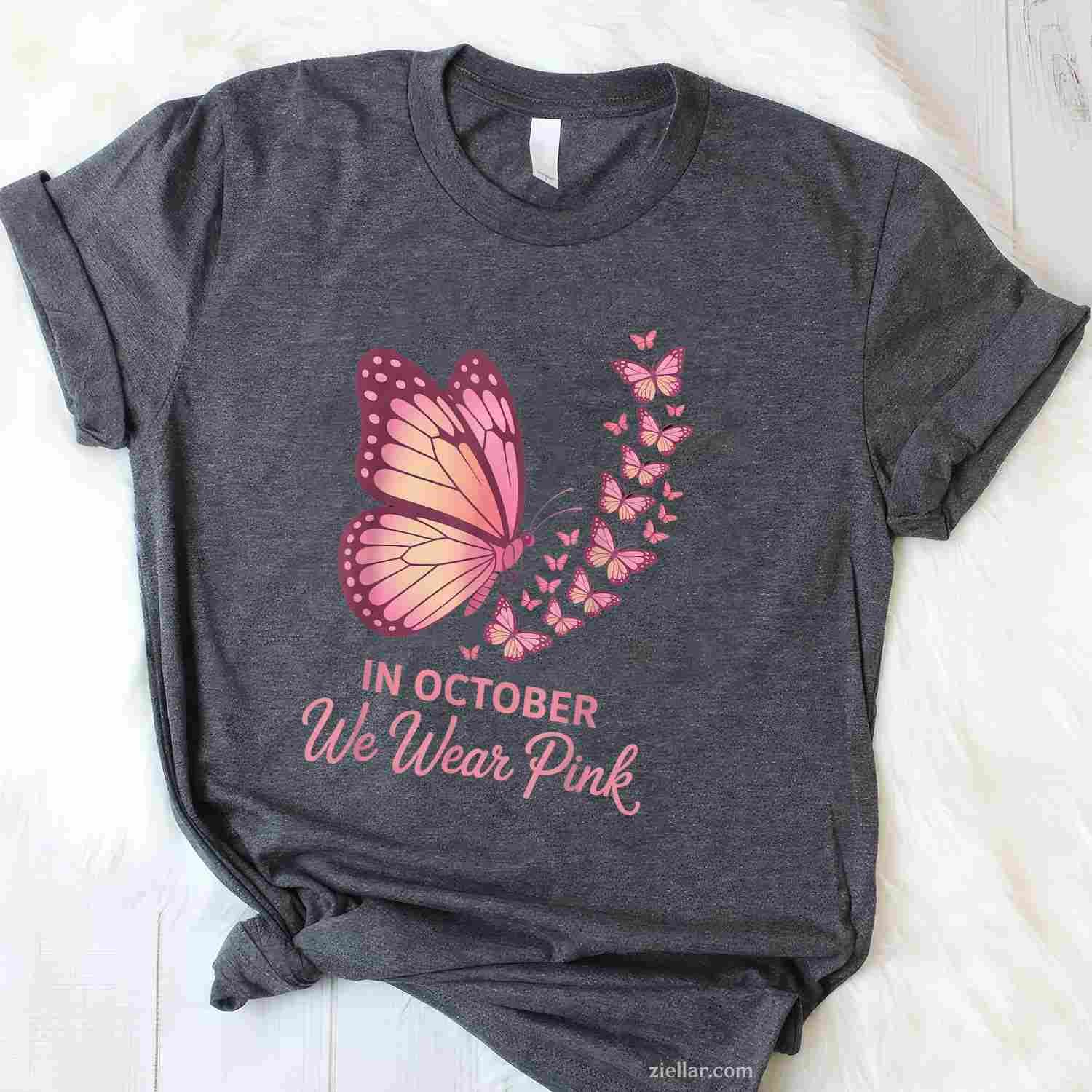 in October We Wear Pink Breast Cancer Awareness Butterfly Funny Graphic Tee and T-Shirt Gift for Adults Men Women Unisex
