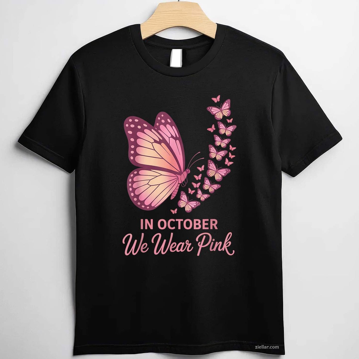 in October We Wear Pink Breast Cancer Awareness Butterfly Funny Graphic Tee and T-Shirt Gift for Adults Men Women Unisex