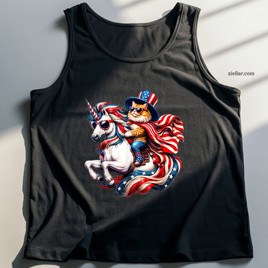 Cat riding Unicorn usa flag Patriotic 4th of July Tank Top Shirt Tee for Men Women Unisex