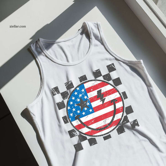 Happy 4th Of July Groovy Smile Face Red White Blue USA Flag Tank Top Shirt Tee for Men Women Unisex