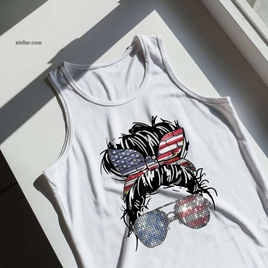 Messy Bun American Flag Glasses 4th of July Patriotic Tank Top Shirt Tee for Men Women Unisex