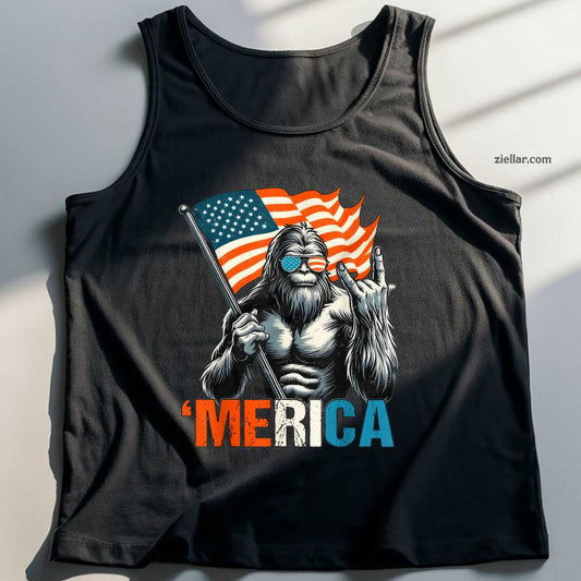 Bigfoot Merica Rock American Flag Patriotic 4th Of July Tank Top Shirt Tee for Men Women Unisex