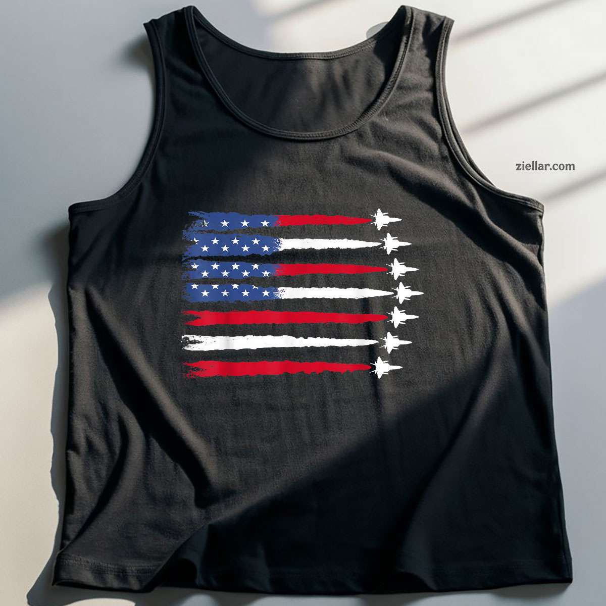 Patriotic Red White Blue USA Flag Fighter Jets 4th of July Tank Top Shirt Tee for Men Women Unisex