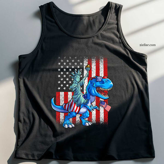 Dino Statue Of Liberty 4th Of July Shirt American Flag Tank Top Shirt Tee for Men Women Unisex